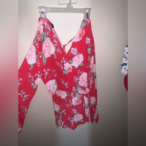 Red floral print romper